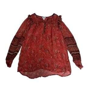 Sundance Top Women's Small Red Paisley Leopard Print Ruffle Long Sleeve Boho